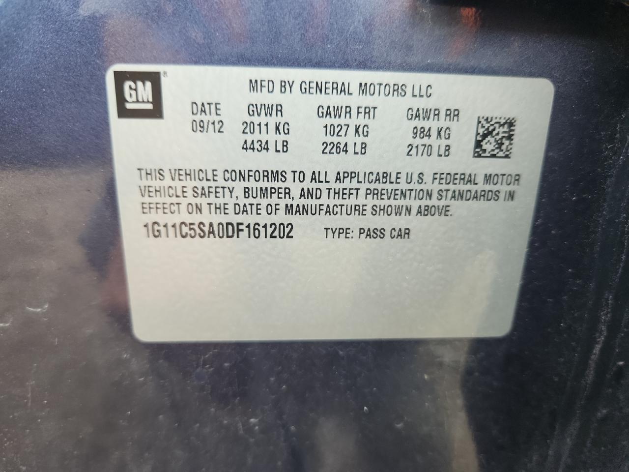 2013 Chevrolet Malibu 1Lt VIN: 1G11C5SA0DF161202 Lot: 64501485
