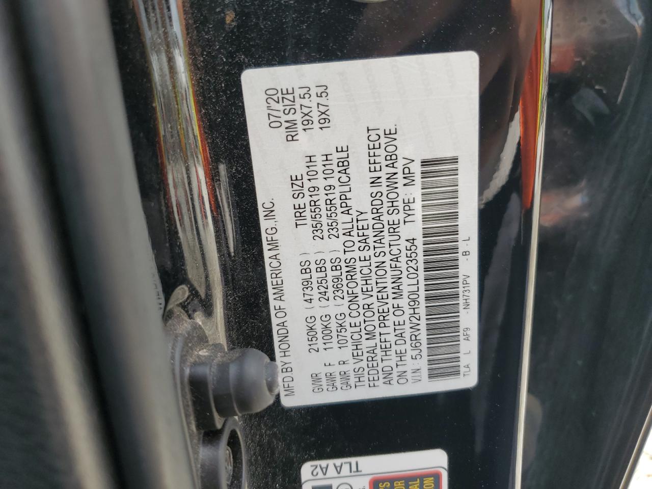 2020 Honda Cr-V Touring VIN: 5J6RW2H90LL023554 Lot: 63383625