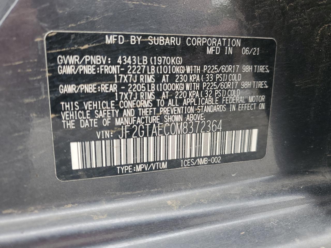 2021 Subaru Crosstrek Premium VIN: JF2GTAEC0M8372364 Lot: 62702595
