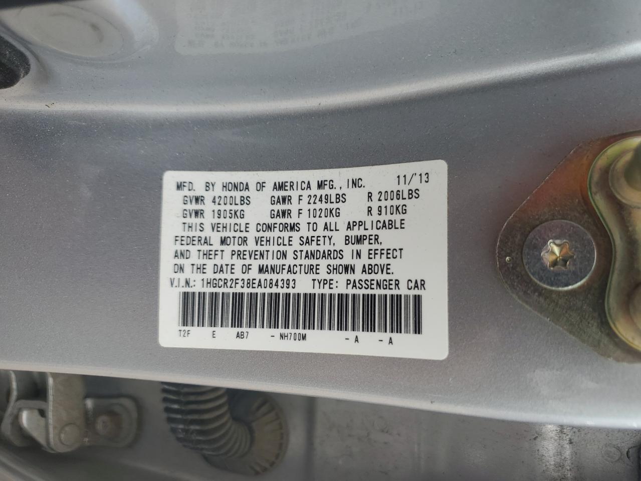 2014 Honda Accord Lx VIN: 1HGCR2F38EA084393 Lot: 65332685