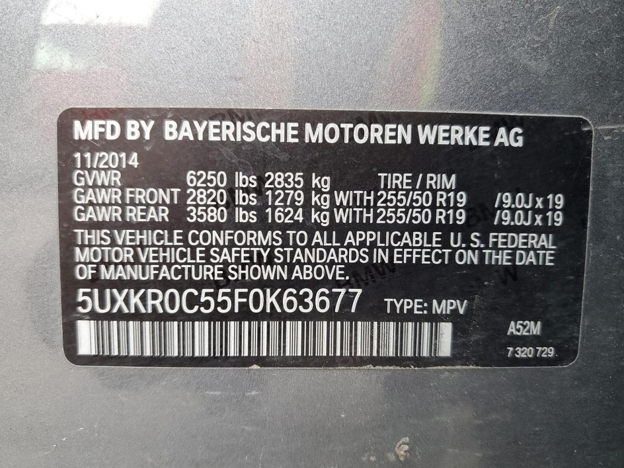 2015 BMW X5 xDrive35I VIN: 5UXKR0C55F0K63677 Lot: 65145465