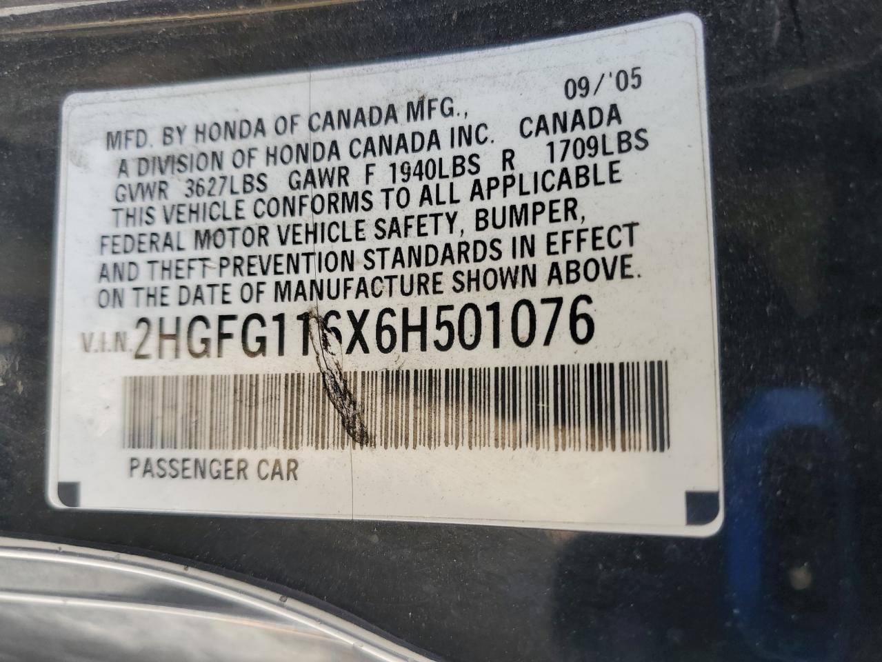 2006 Honda Civic Lx VIN: 2HGFG116X6H501076 Lot: 64789115