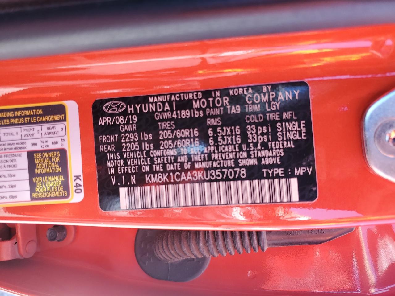 2019 Hyundai Kona Se VIN: KM8K1CAA3KU357078 Lot: 62962465