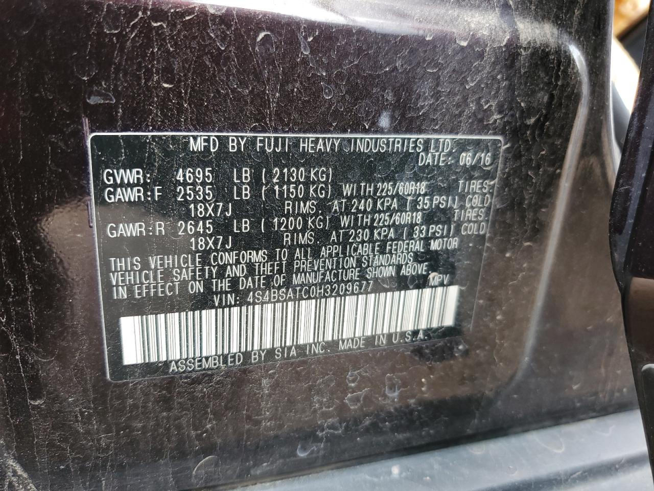 2017 Subaru Outback Touring VIN: 4S4BSATC0H3209677 Lot: 64795755