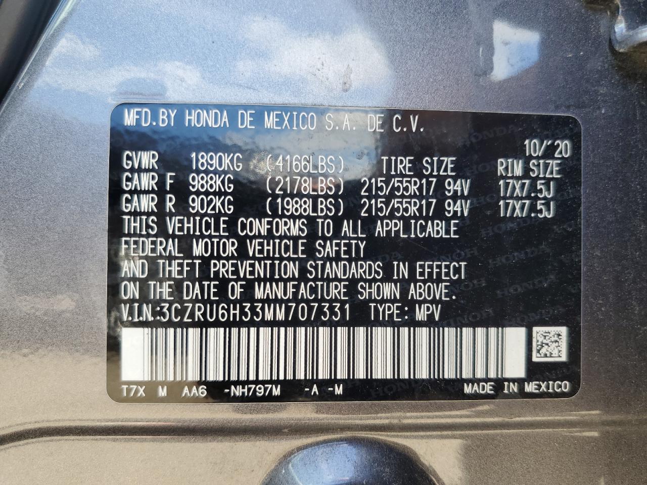 2021 Honda Hr-V Lx VIN: 3CZRU6H33MM707331 Lot: 65422745