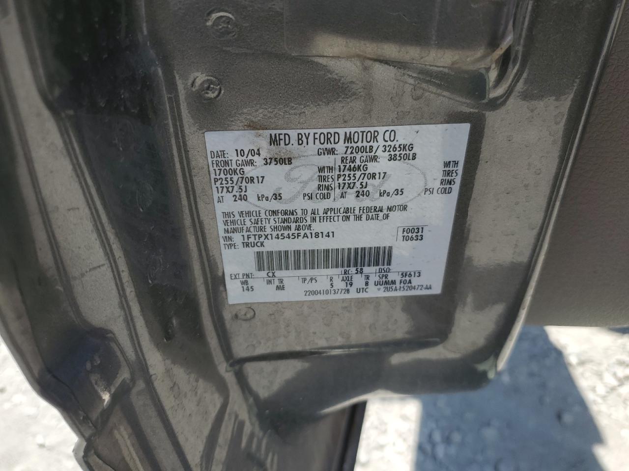 2005 Ford F150 VIN: 1FTPX14545FA18141 Lot: 63351605