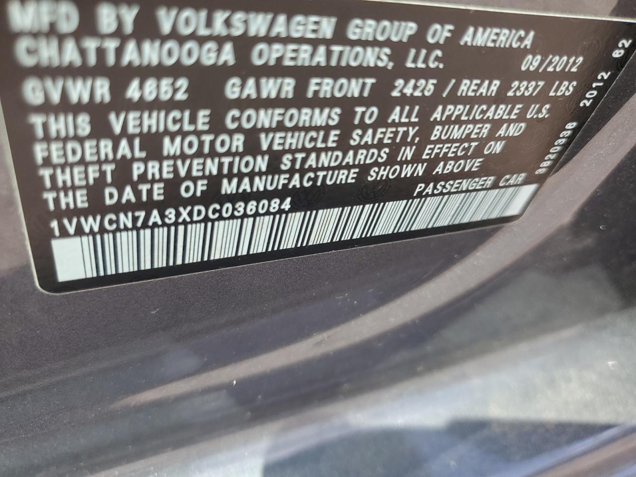 2013 Volkswagen Passat Sel VIN: 1VWCN7A3XDC036084 Lot: 63597015