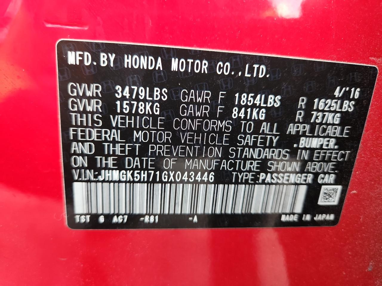 2016 Honda Fit Ex VIN: JHMGK5H71GX043446 Lot: 63686665