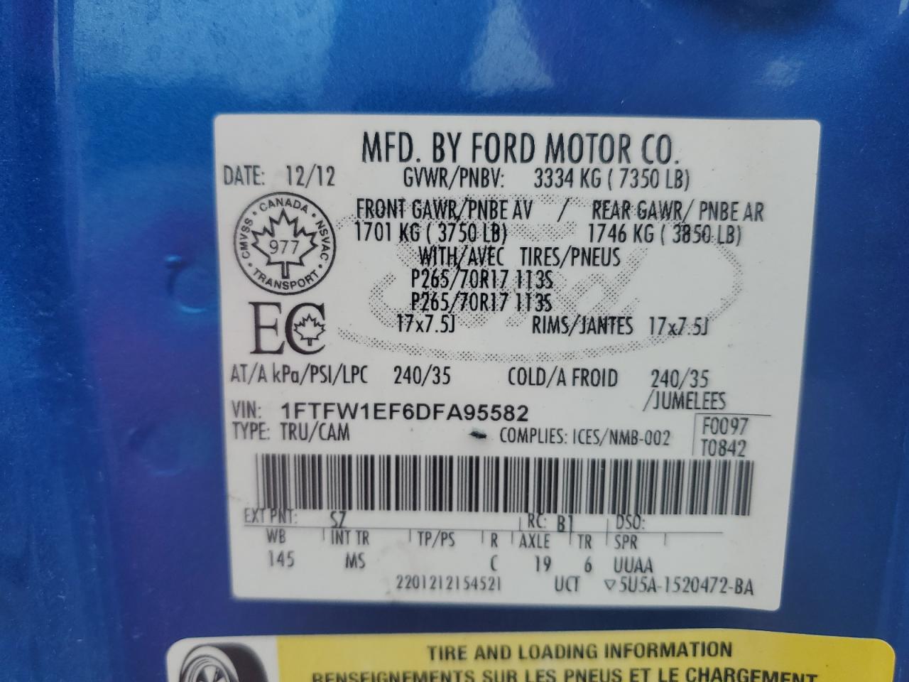 2013 Ford F150 Supercrew VIN: 1FTFW1EF6DFA95582 Lot: 64546425