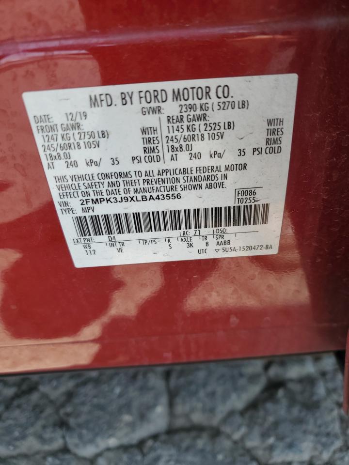 2020 Ford Edge Sel VIN: 2FMPK3J9XLBA43556 Lot: 63943445