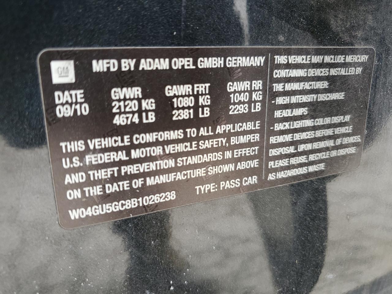 2011 Buick Regal Cxl VIN: W04GU5GC8B1026238 Lot: 64606195