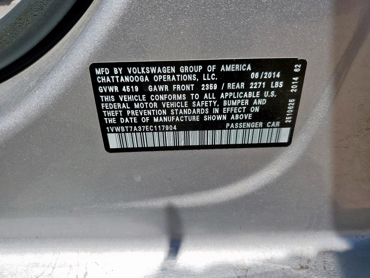 2014 Volkswagen Passat Se VIN: 1VWBT7A37EC117904 Lot: 64893305