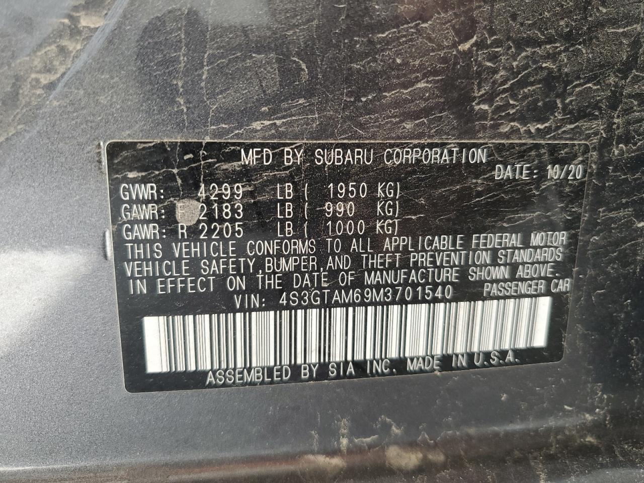 2021 Subaru Impreza Sport VIN: 4S3GTAM69M3701540 Lot: 63095265