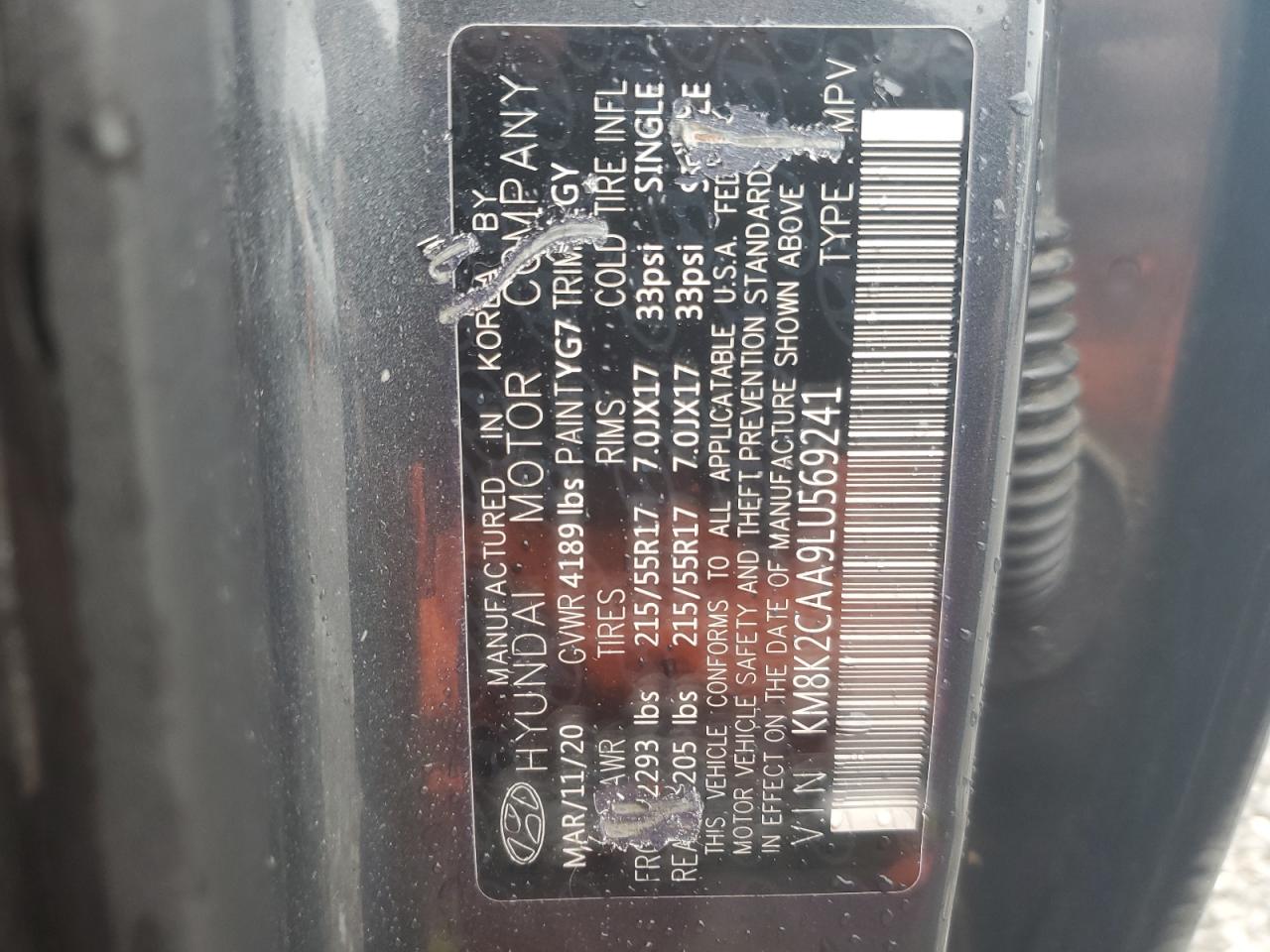 2020 Hyundai Kona Sel VIN: KM8K2CAA9LU569241 Lot: 65094455