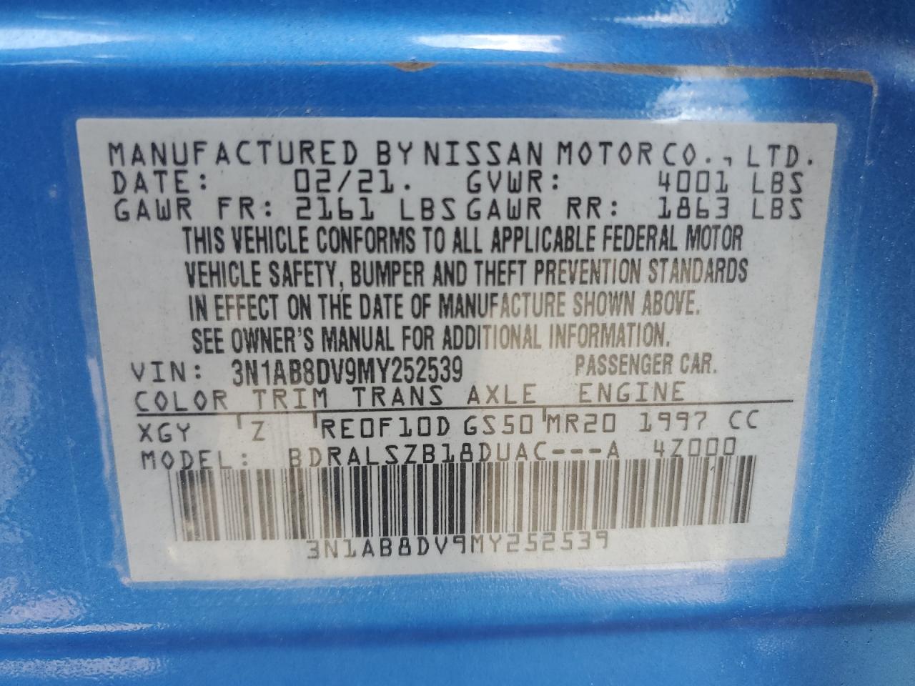 2021 Nissan Sentra Sr VIN: 3N1AB8DV9MY252539 Lot: 63974485