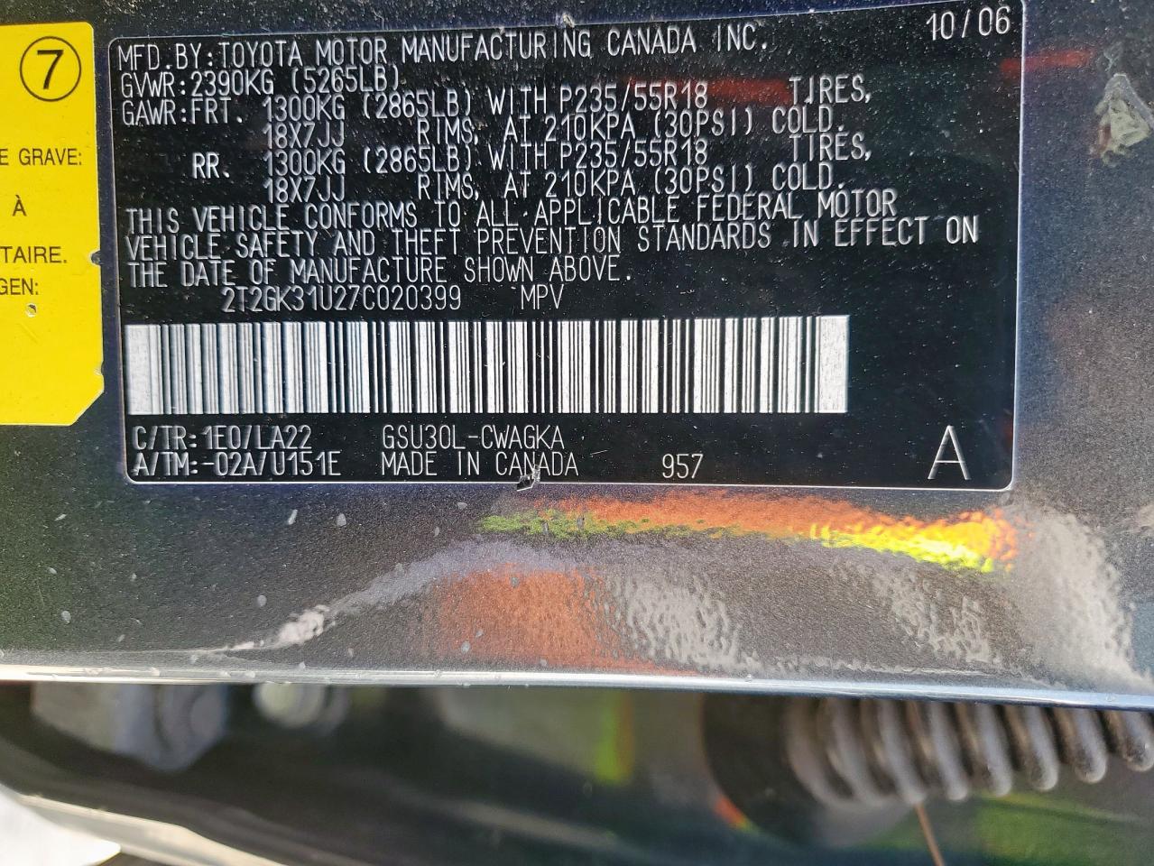 2007 Lexus Rx 350 VIN: 2T2GK31U27C020399 Lot: 67066005