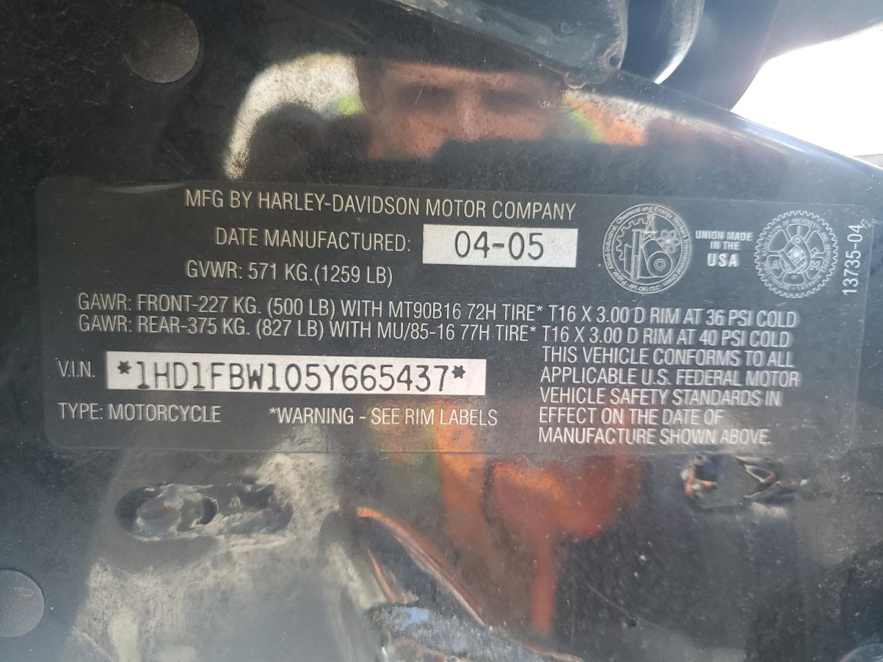 2005 Harley-Davidson Flhri VIN: 1HD1FBW105Y665437 Lot: 62711485