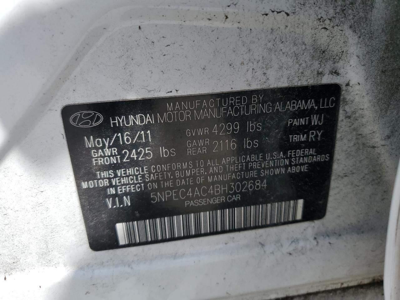 2011 Hyundai Sonata Se VIN: 5NPEC4AC4BH302684 Lot: 63605195