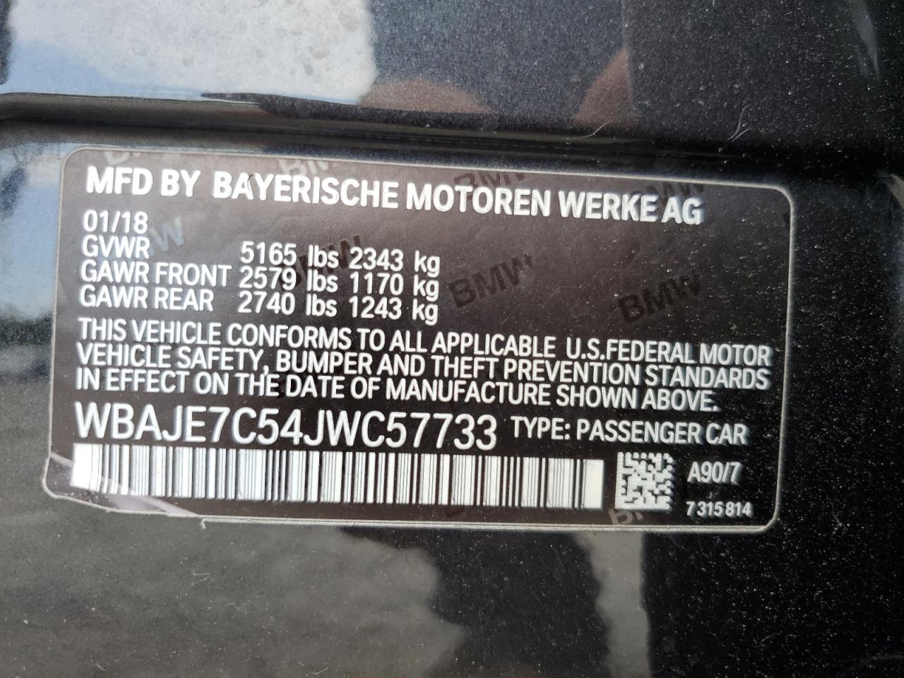 2018 BMW 540 Xi VIN: WBAJE7C54JWC57733 Lot: 62822045