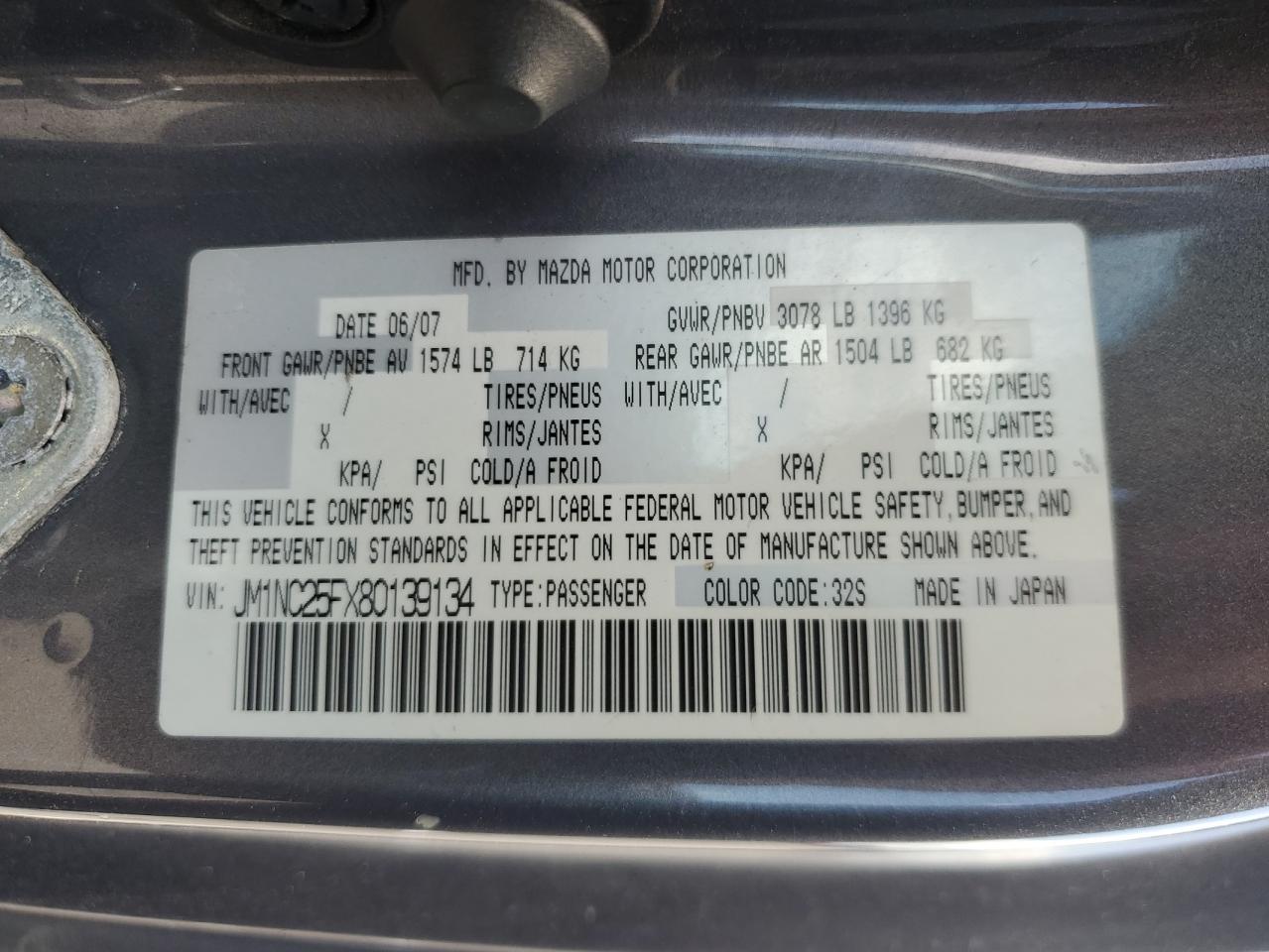 2008 Mazda Mx-5 Miata VIN: JM1NC25FX80139134 Lot: 64416645