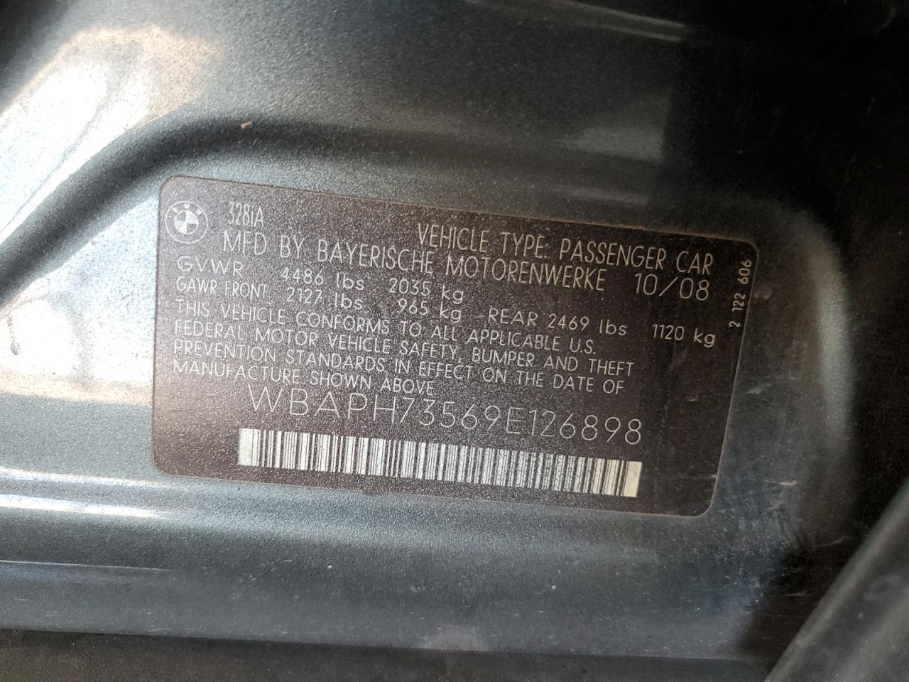 2009 BMW 328 I VIN: WBAPH73569E126898 Lot: 65407105