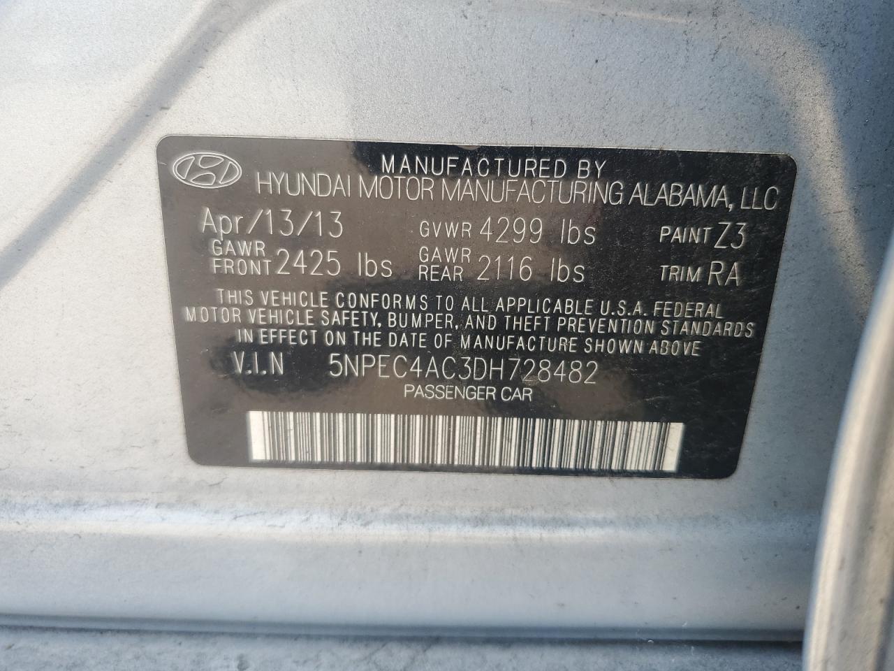 2013 Hyundai Sonata Se VIN: 5NPEC4AC3DH728482 Lot: 67012035