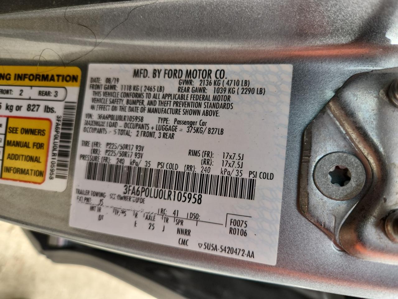2020 Ford Fusion Se VIN: 3FA6P0LU0LR105958 Lot: 64010145