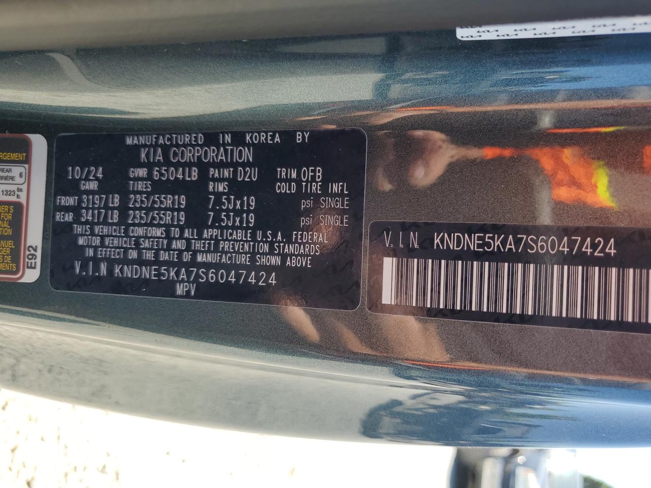 2025 Kia Carnival Sx VIN: KNDNE5KA7S6047424 Lot: 63127445