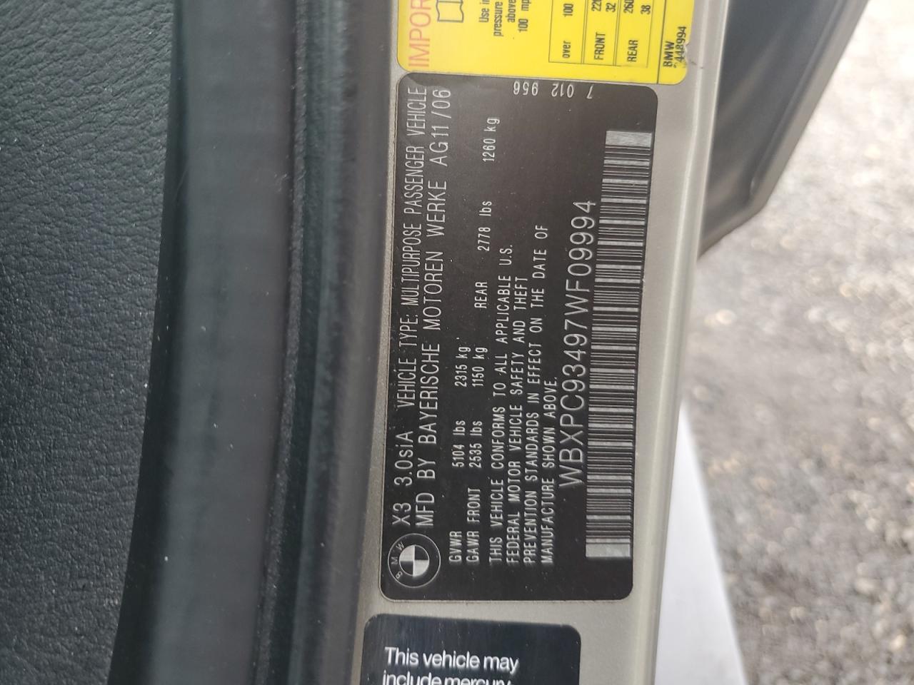 2007 BMW X3 3.0Si VIN: WBXPC93497WF09994 Lot: 61606875