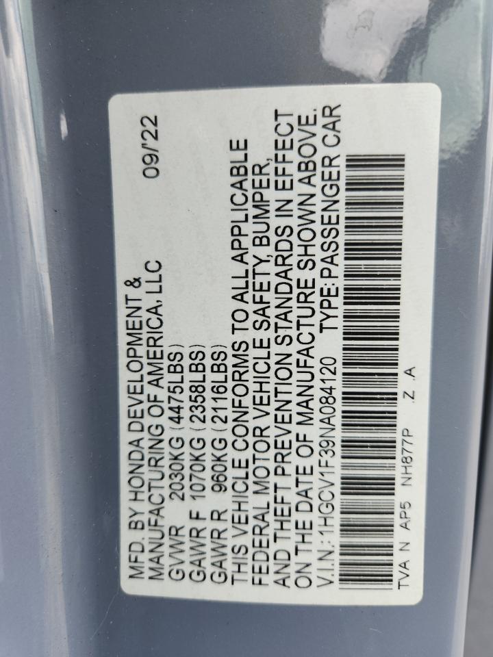 2022 Honda Accord Sport VIN: 1HGCV1F39NA084120 Lot: 64492605