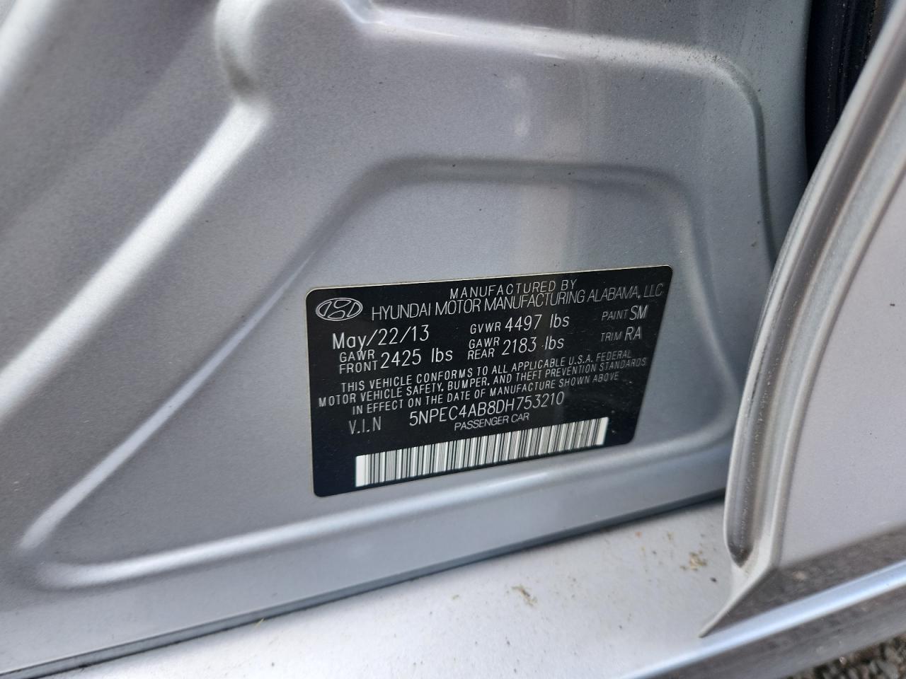 2013 Hyundai Sonata Se VIN: 5NPEC4AB8DH753210 Lot: 63681755