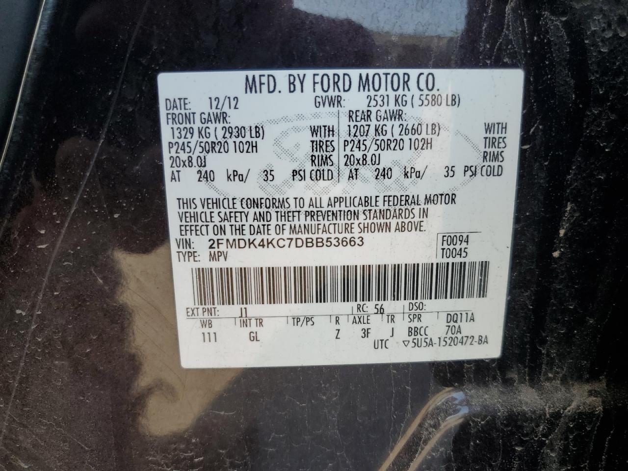 2013 Ford Edge Limited VIN: 2FMDK4KC7DBB53663 Lot: 65019815