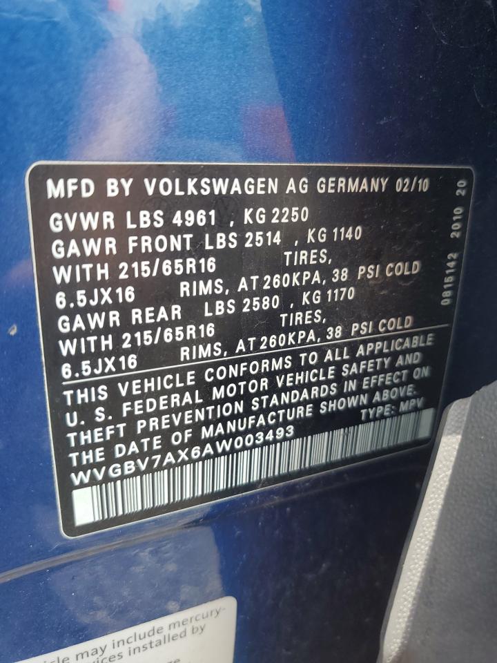 2010 Volkswagen Tiguan Se VIN: WVGBV7AX6AW003493 Lot: 63306055