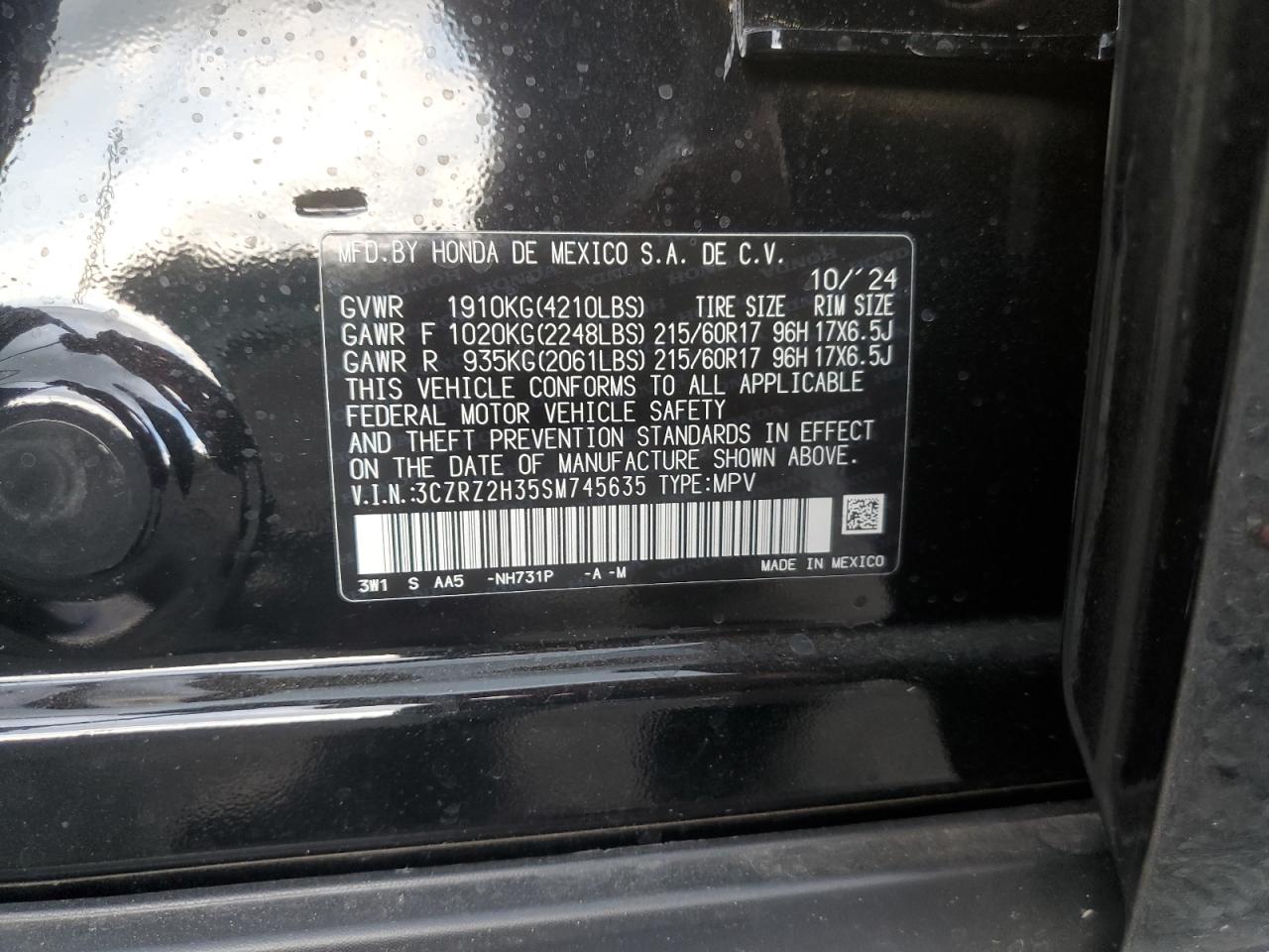 2025 Honda Hr-V Lx VIN: 3CZRZ2H35SM745635 Lot: 63055715