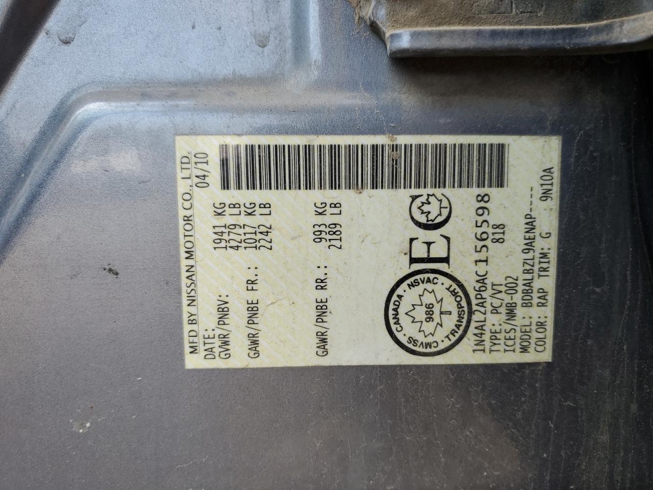 2010 Nissan Altima Base VIN: 1N4AL2AP6AC156598 Lot: 64001345