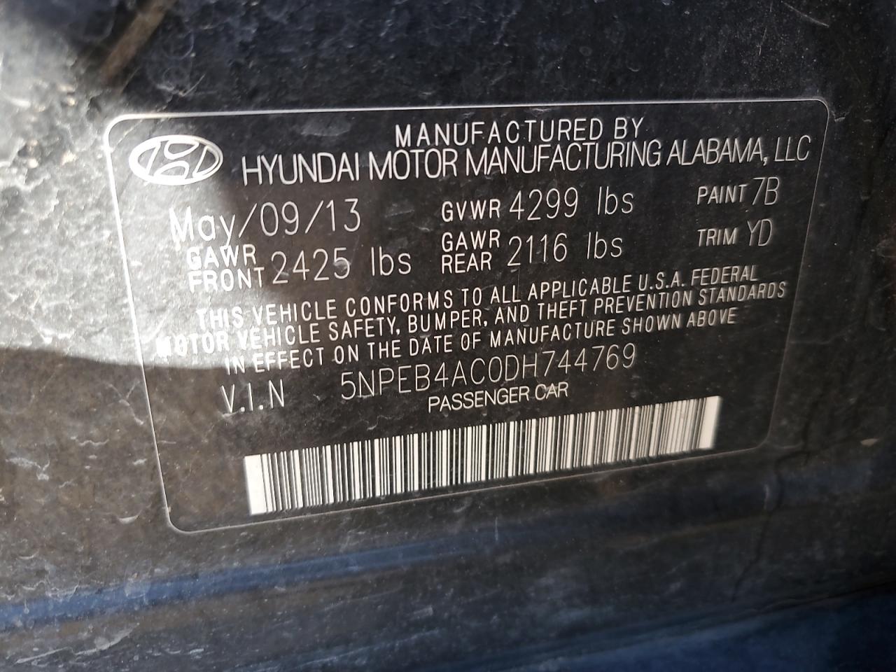 2013 Hyundai Sonata Gls VIN: 5NPEB4AC0DH744769 Lot: 62776405