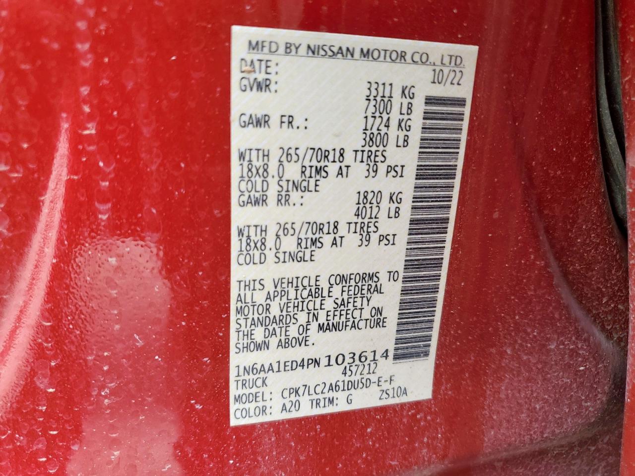 2023 Nissan Titan Sv VIN: 1N6AA1ED4PN103614 Lot: 63626615