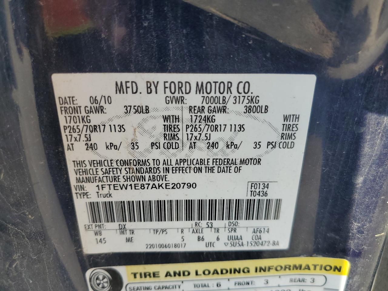 2010 Ford F150 Supercrew VIN: 1FTEW1E87AKE20790 Lot: 64570825