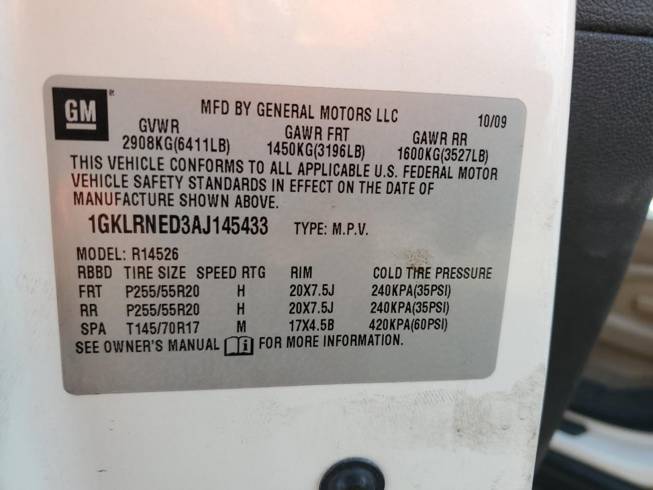 2010 GMC Acadia Slt-2 VIN: 1GKLRNED3AJ145433 Lot: 64645995
