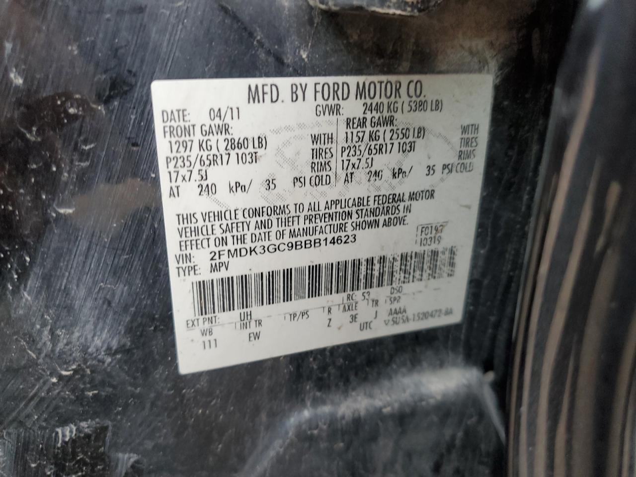 2011 Ford Edge Se VIN: 2FMDK3GC9BBB14623 Lot: 64939125