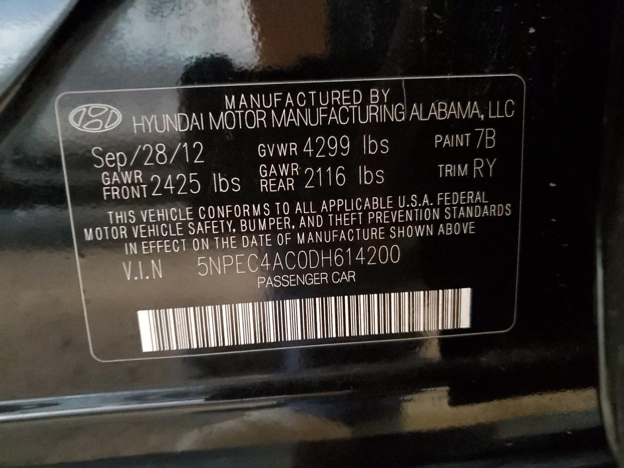 2013 Hyundai Sonata Se VIN: 5NPEC4AC0DH614200 Lot: 65206525