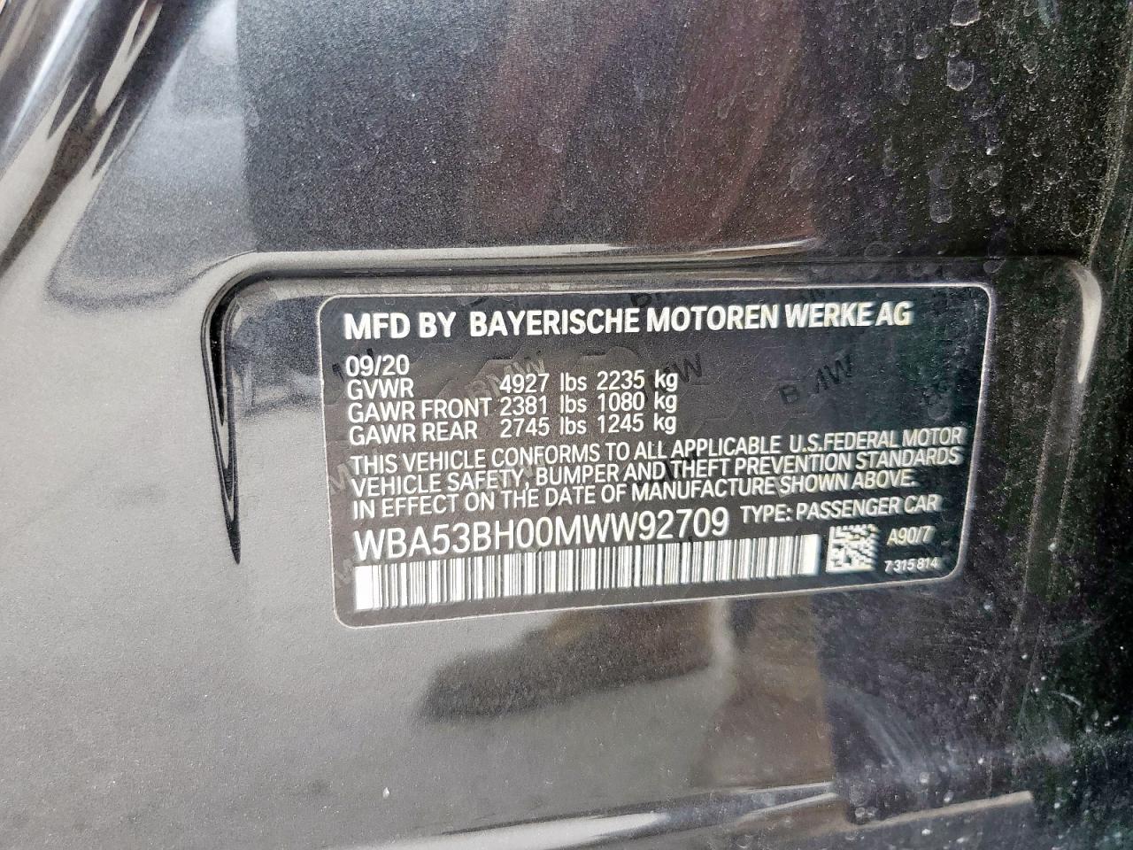 2021 BMW 530 I VIN: WBA53BH00MWW92709 Lot: 63147925