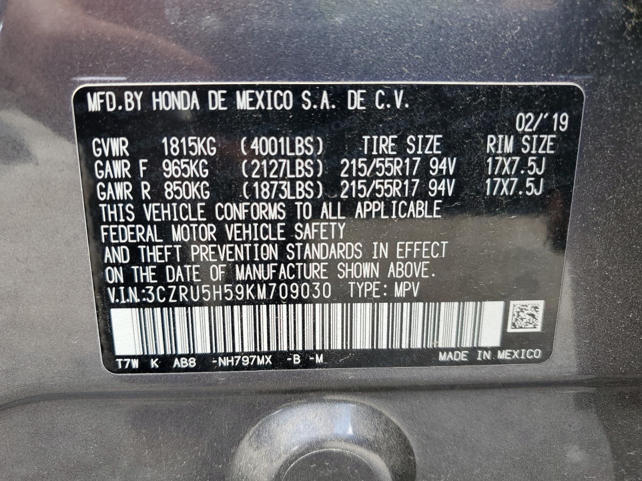 2019 Honda Hr-V Ex VIN: 3CZRU5H59KM709030 Lot: 63285515