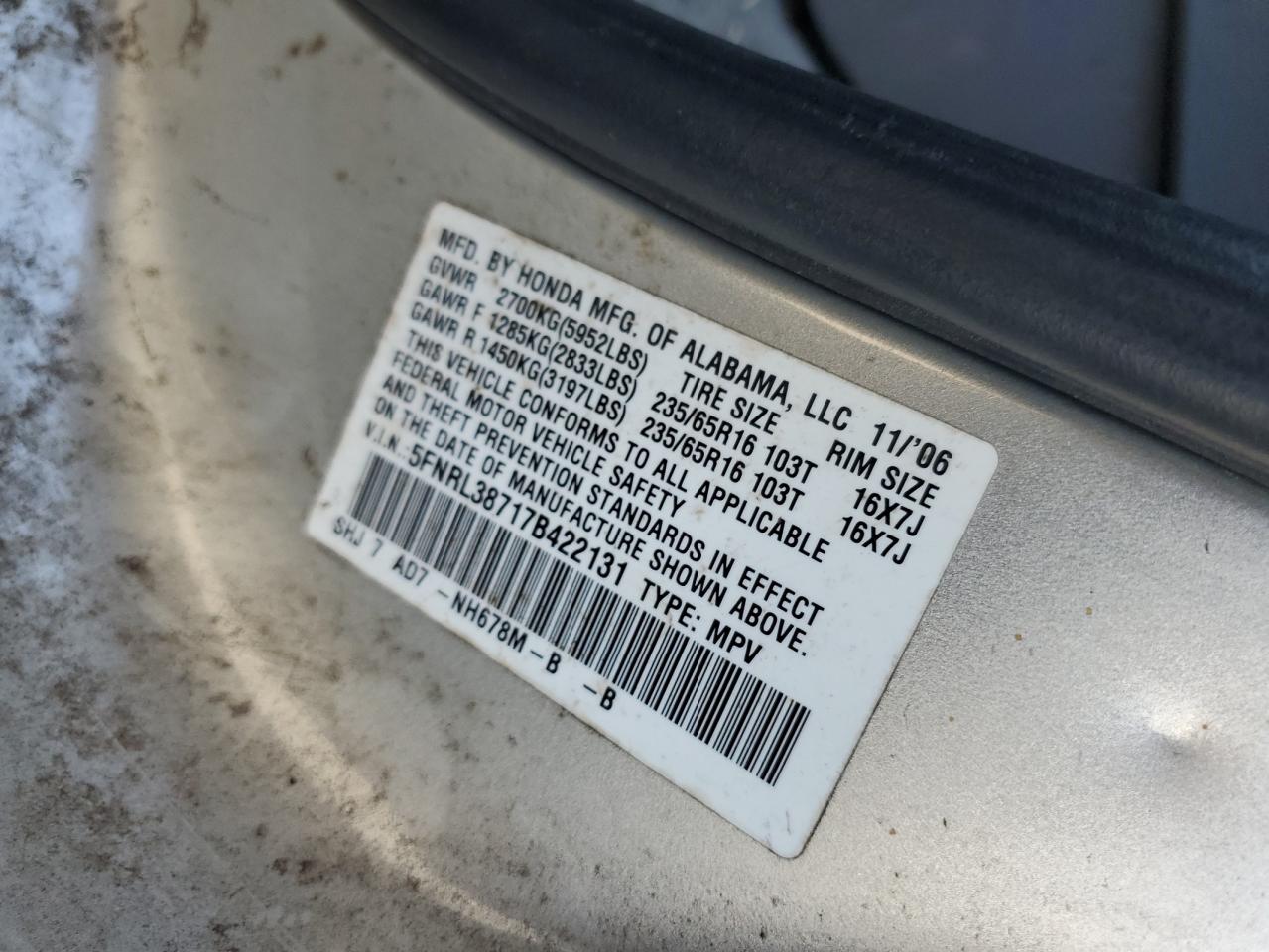 2007 Honda Odyssey Exl VIN: 5FNRL38717B422131 Lot: 63208635