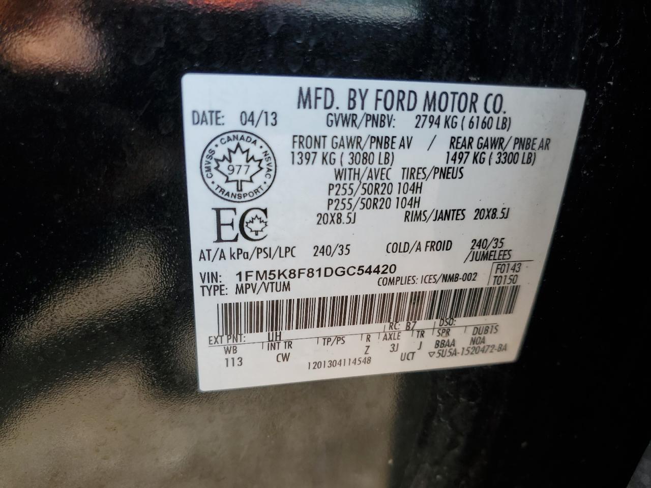 2013 Ford Explorer Limited VIN: 1FM5K8F81DGC54420 Lot: 62495735