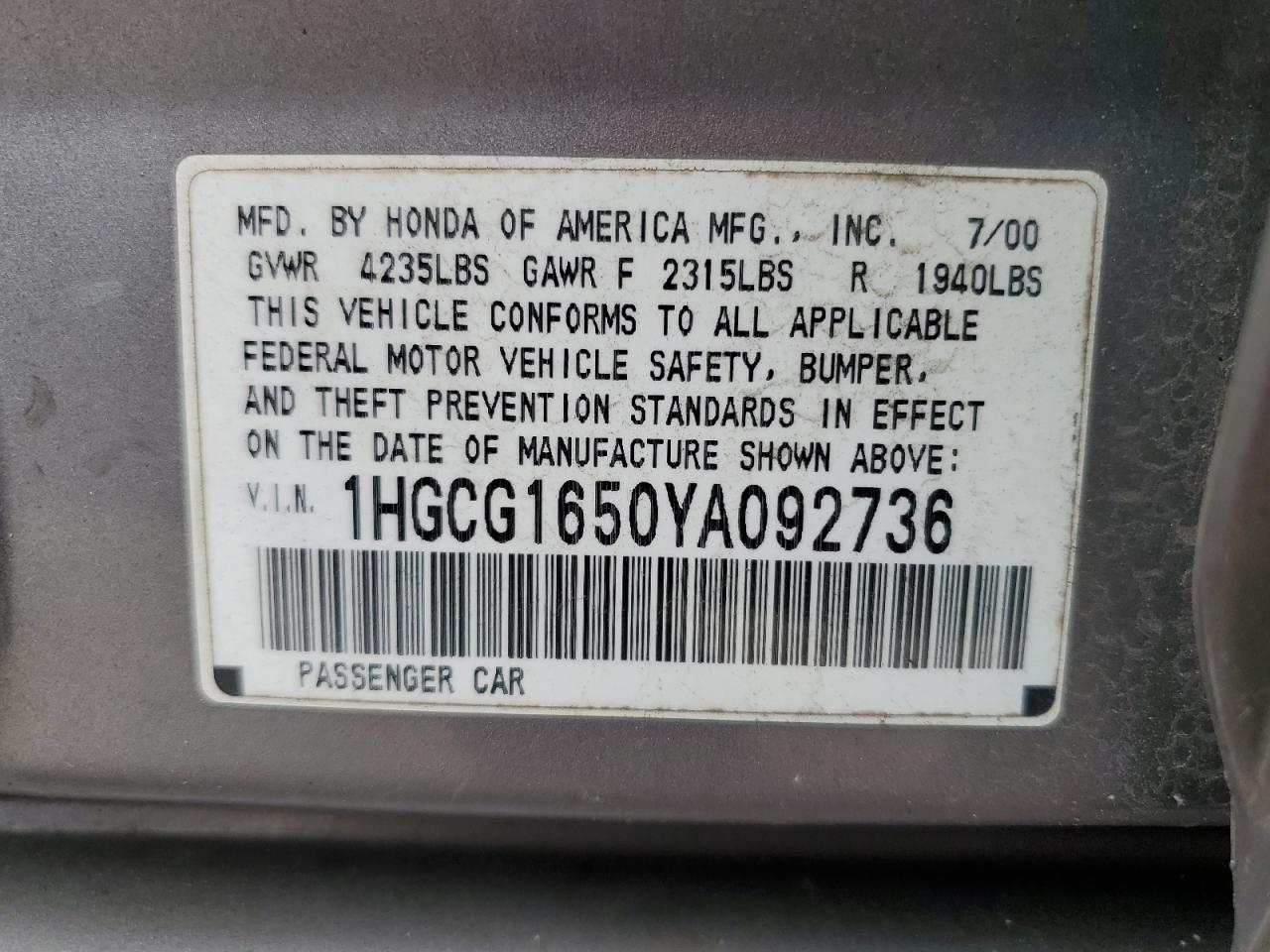 2000 Honda Accord Ex VIN: 1HGCG1650YA092736 Lot: 65310695