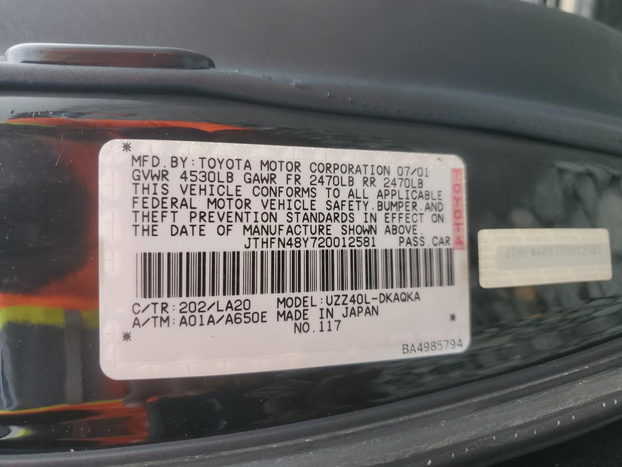 2002 Lexus Sc 430 VIN: JTHFN48Y720012581 Lot: 64292675