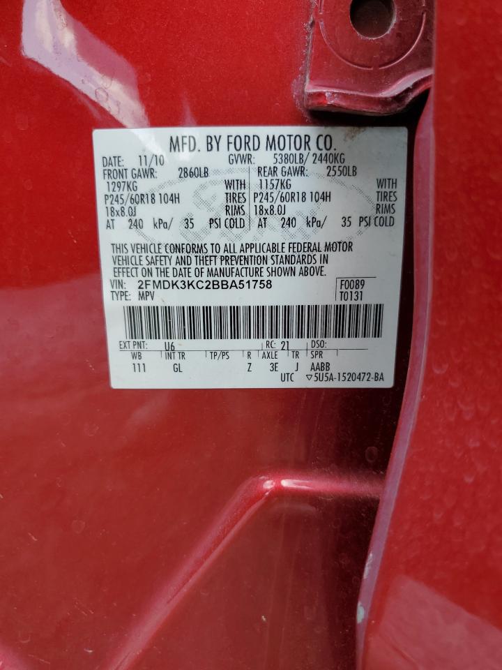 2011 Ford Edge Limited VIN: 2FMDK3KC2BBA51758 Lot: 65154905
