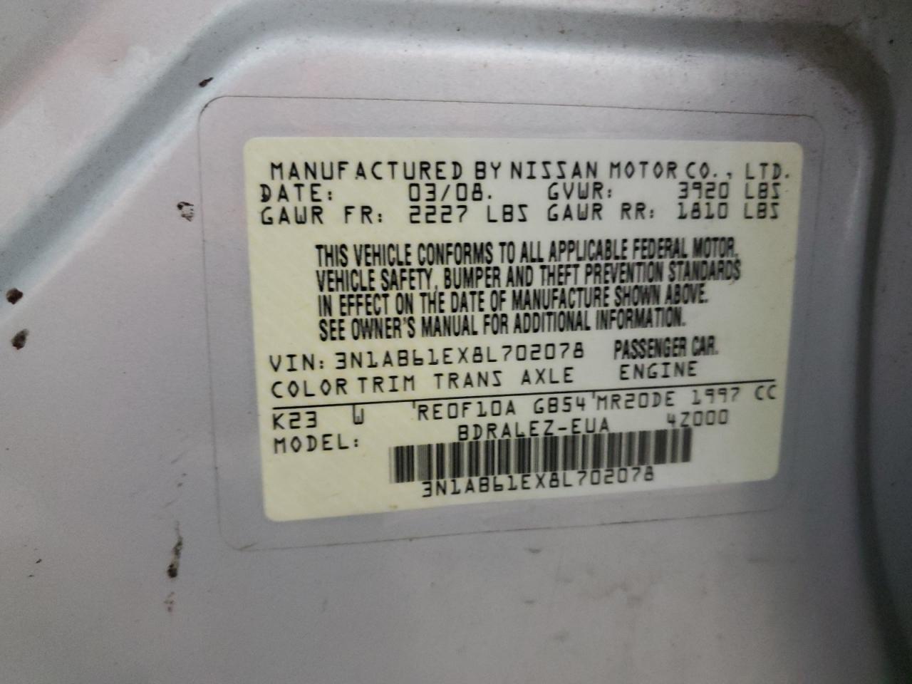 2008 Nissan Sentra 2.0 VIN: 3N1AB61EX8L702078 Lot: 63322435