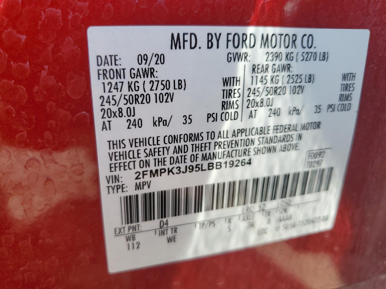 2020 Ford Edge Sel VIN: 2FMPK3J95LBB19264 Lot: 66891535